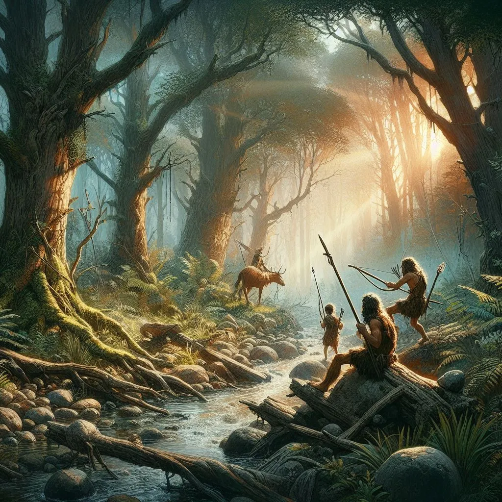 Il y a 20000 ans, des chasseurs approchent un cerf le long d'une rivière