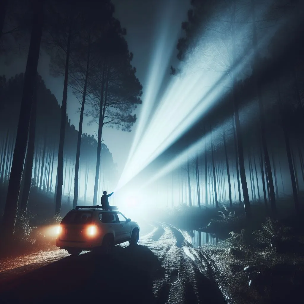 Un homme de nuit dans sa voiture. Il éclaire la nature avec un projecteur. 