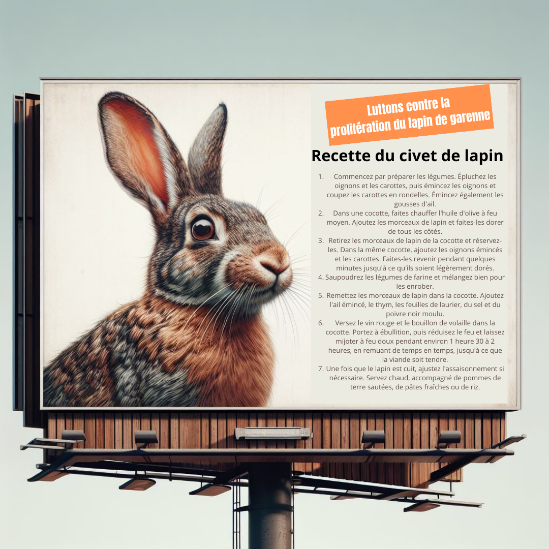Un panneau d'affichage où l'on voir un lapin de garenne et une recette de civet de lapin